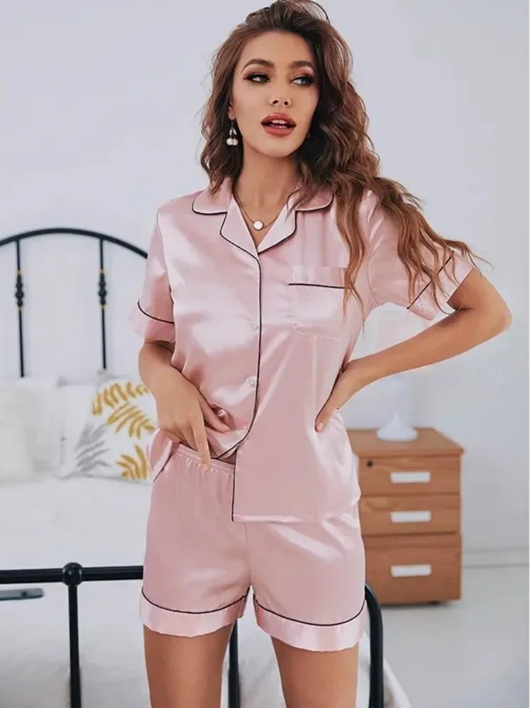 Duvella Silk Satin Pajama Set - Button-Down Sleep Shirt & Shorts