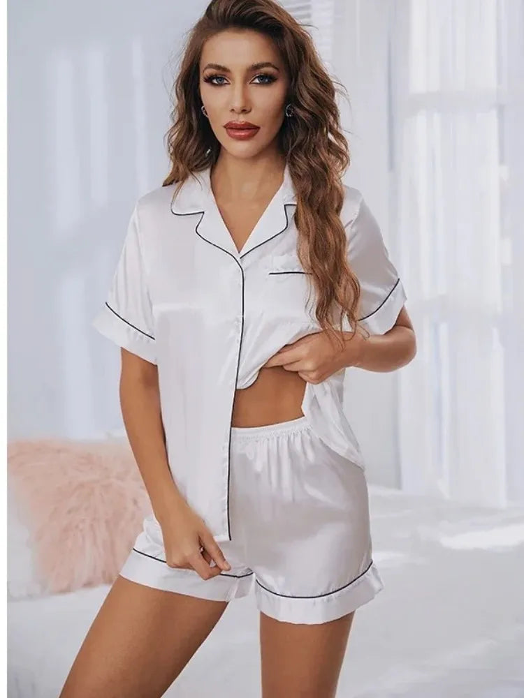 Duvella Silk Satin Pajama Set - Button-Down Sleep Shirt & Shorts